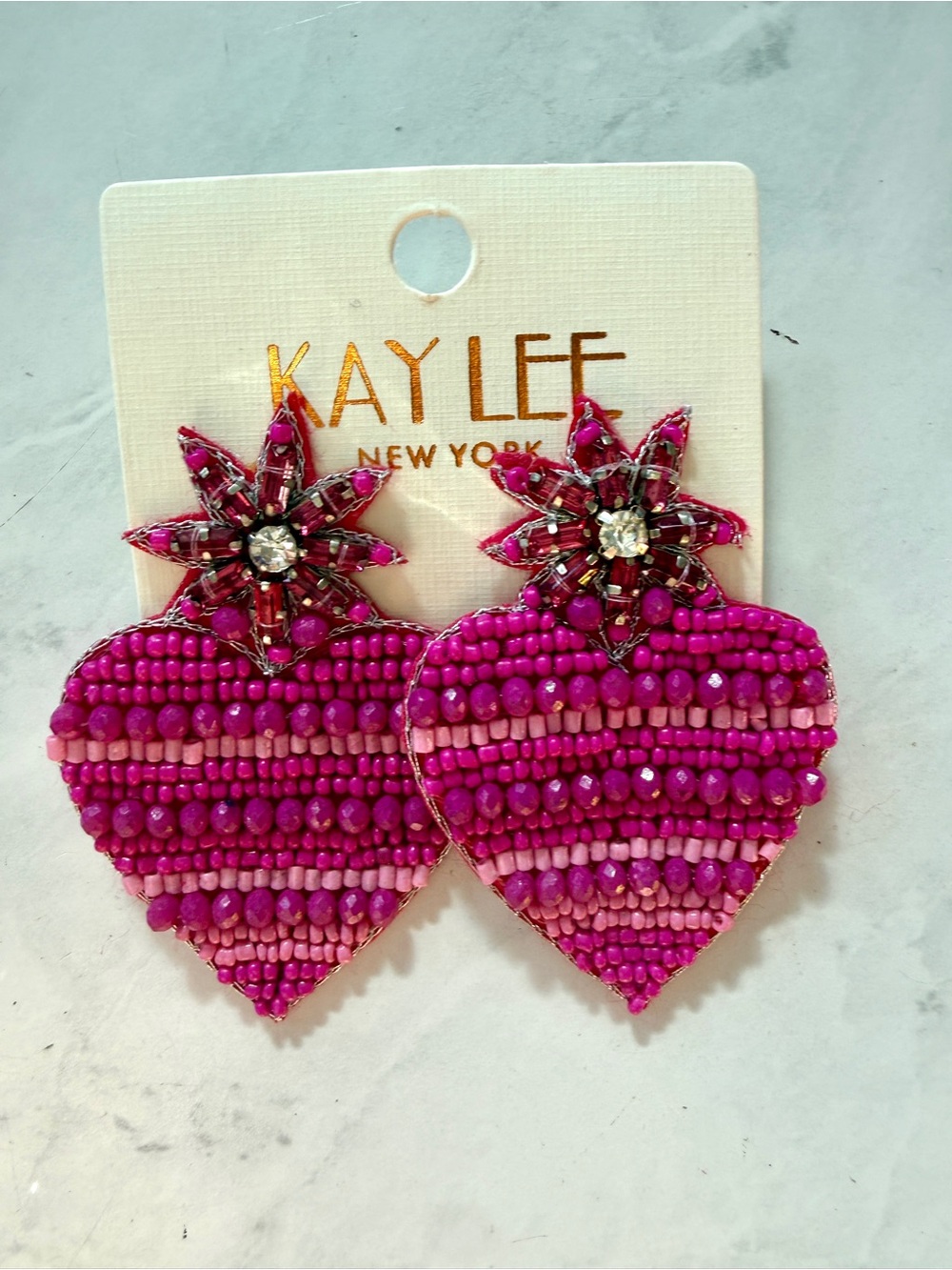 NWT Kay Lee New York Beaded & Rhinestone Heart Statement Earrings Pink Valentine